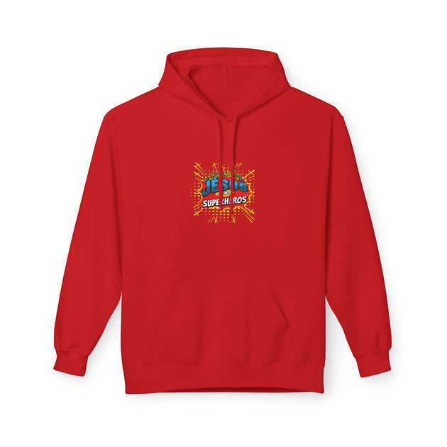 Sweat à capuche rouge pour femme avec un motif graphique inspiré des comics sur la poitrine.