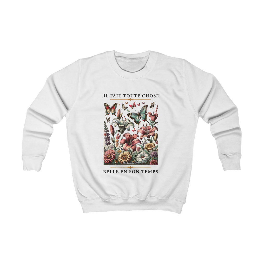 Sweat-shirt blanc pour enfant orné d'un motif floral et de papillons avec un texte inspirant.