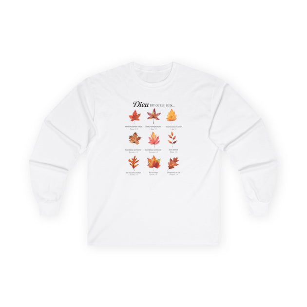 T-shirt blanc à manches longues avec un motif de feuilles d'automne et des textes bibliques.