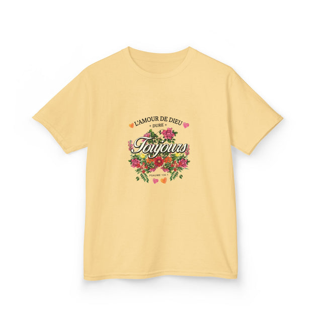 T-shirt jaune pâle pour enfant avec un motif floral et le texte L'amour de Dieu toujours.