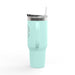 Gobelet isotherme bleu clair de 40oz avec poignée, paille et inscription religieuse.