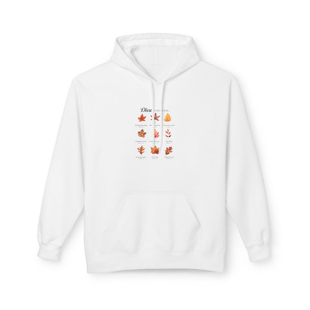 Sweat à capuche blanc pour femme orné d'un motif de feuilles d'automne et de textes religieux.