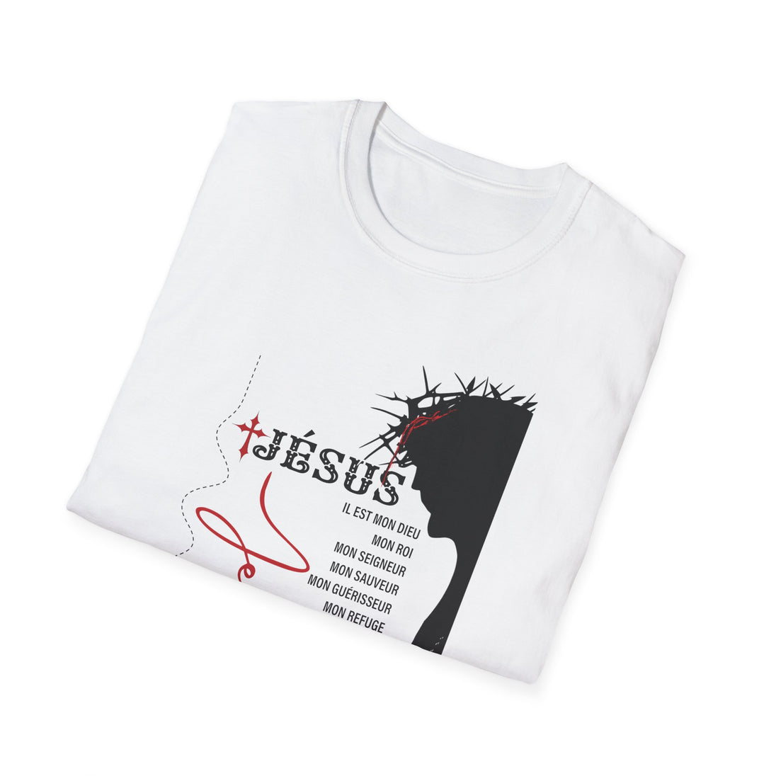 T-shirt blanc pour femme orné d'une illustration de Jésus et de textes religieux en français.