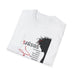 T-shirt blanc pour femme orné d'une illustration de Jésus et de textes religieux en français.