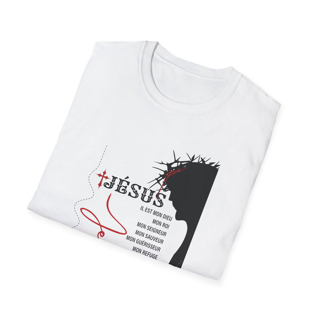 T-shirt blanc plié avec une illustration noire du profil de Jésus portant une couronne d'épines.