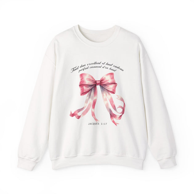 Sweat-shirt blanc pour femme orné d'un nœud rose aquarelle et du verset Jacques 1:17.