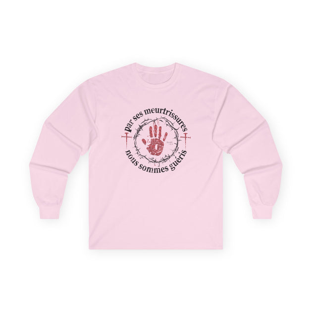 T-shirt rose à manches longues avec un motif religieux centré sur la guérison divine.