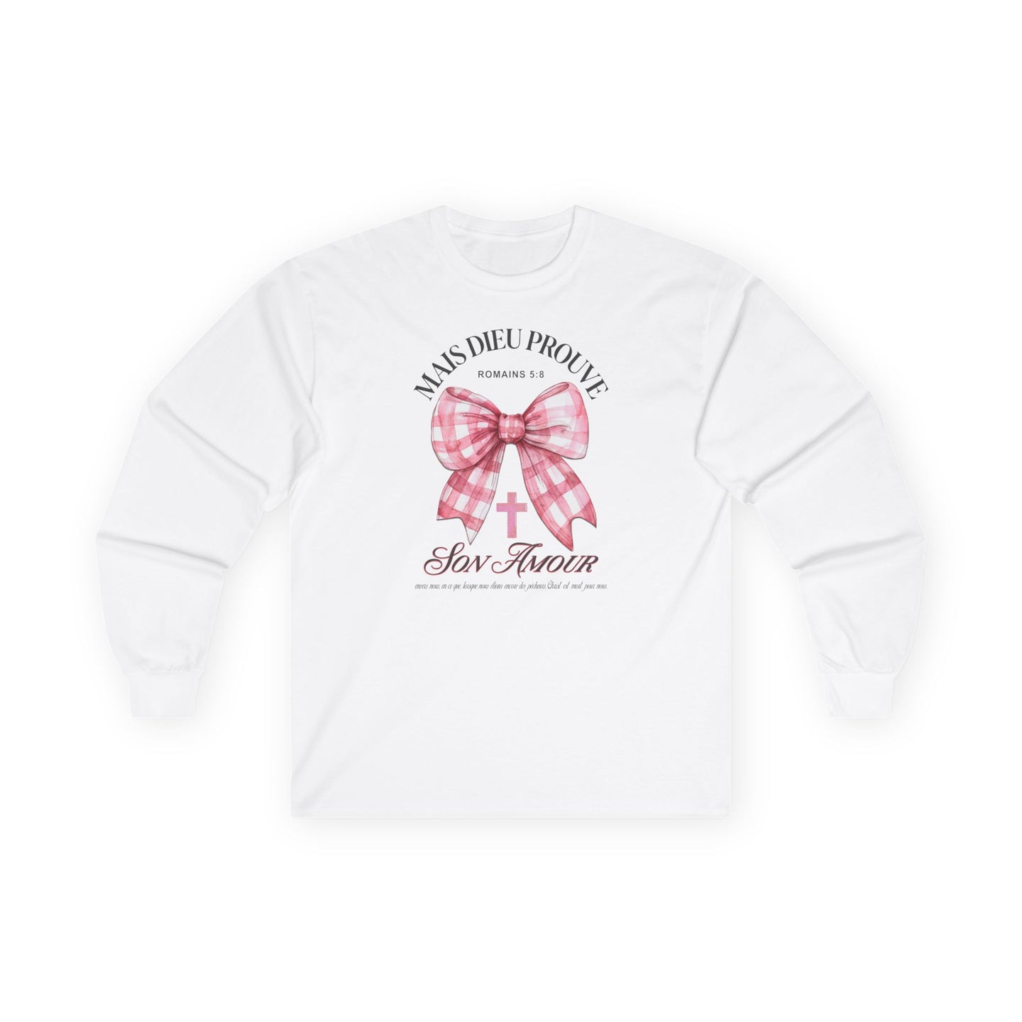 T-shirt blanc à manches longues pour femme avec un nœud vichy rose et une croix imprimés.