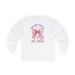 T-shirt blanc à manches longues pour femme avec un nœud vichy rose et une croix imprimés.
