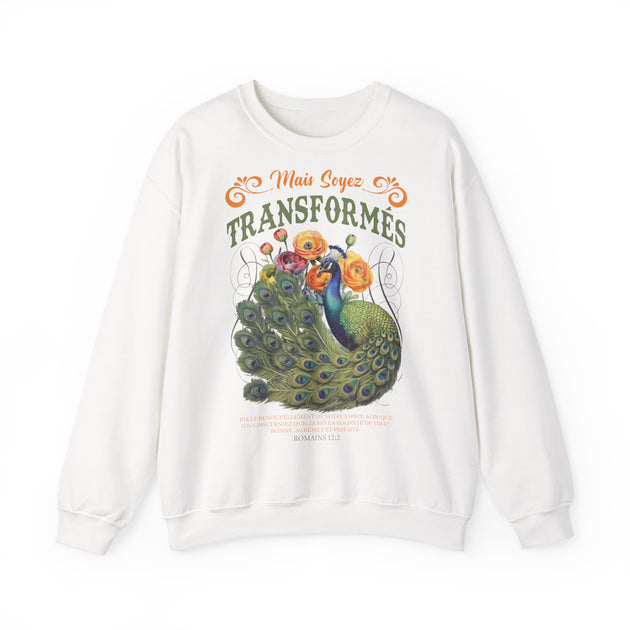 Sweat-shirt blanc à col rond avec une illustration de paon et des fleurs, portant le texte Romains.