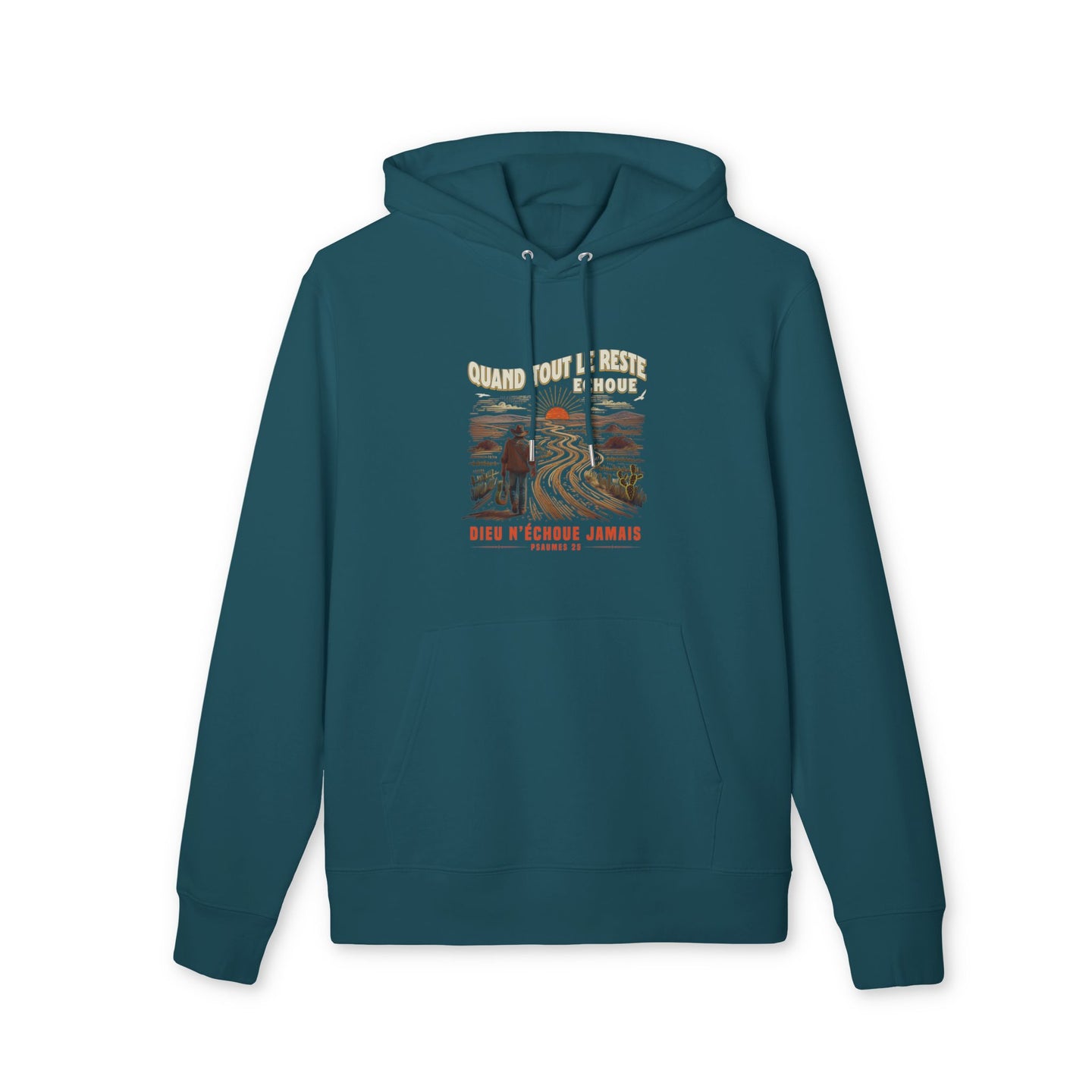 Sweat à capuche bleu pétrole avec une illustration de cowboy et un texte religieux en français.