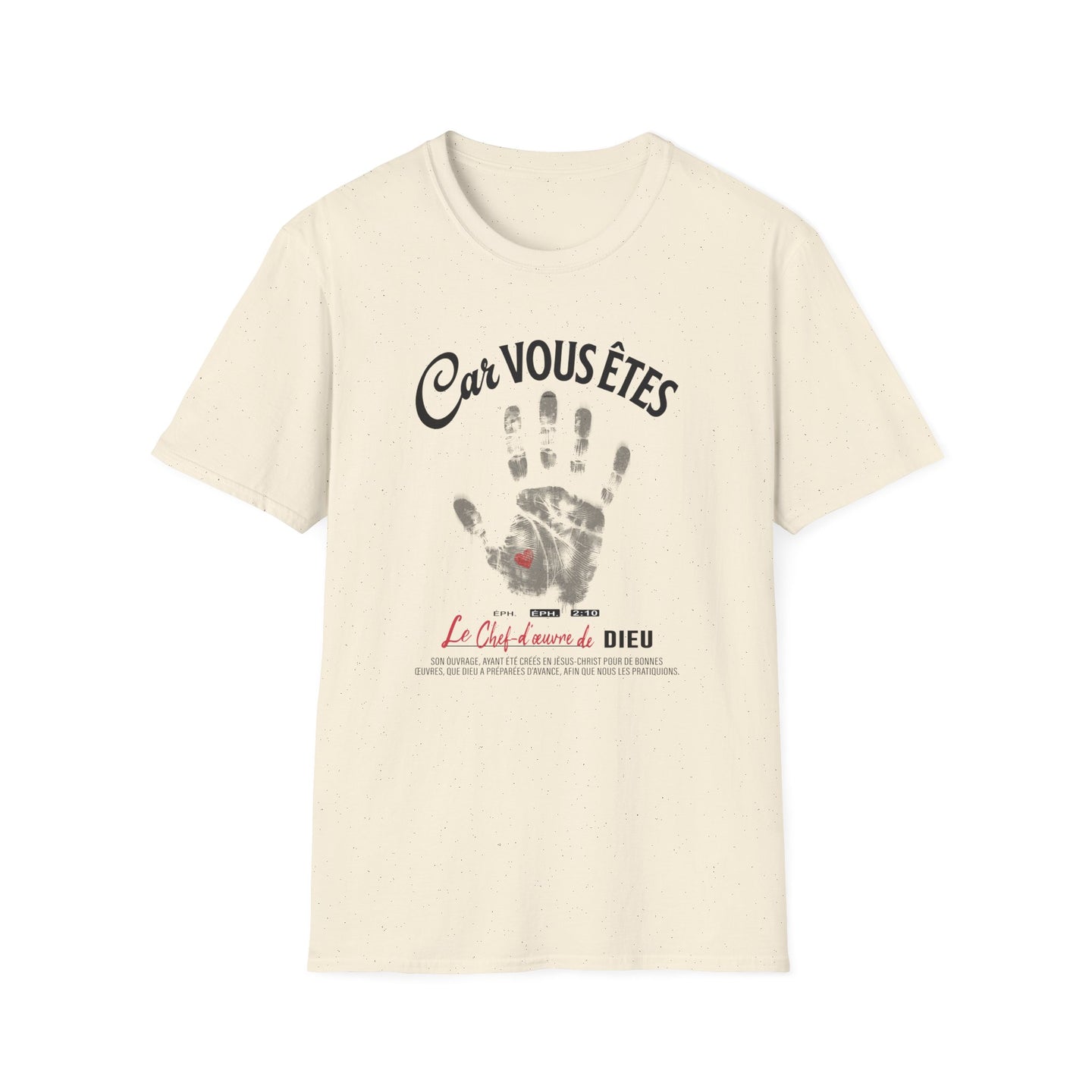 T-shirt beige chiné pour femme avec une empreinte de main et le texte Car vous êtes le chef-d'œuvre.