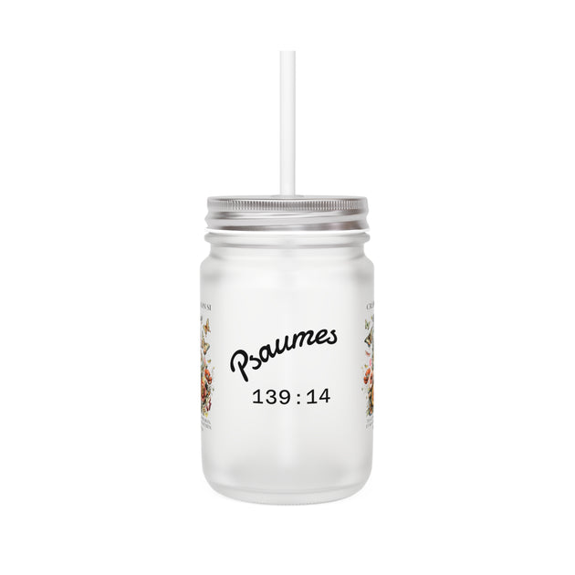 Chope Mason Jar en verre dépoli avec texte Psaumes 139:14, fleurs et papillons.