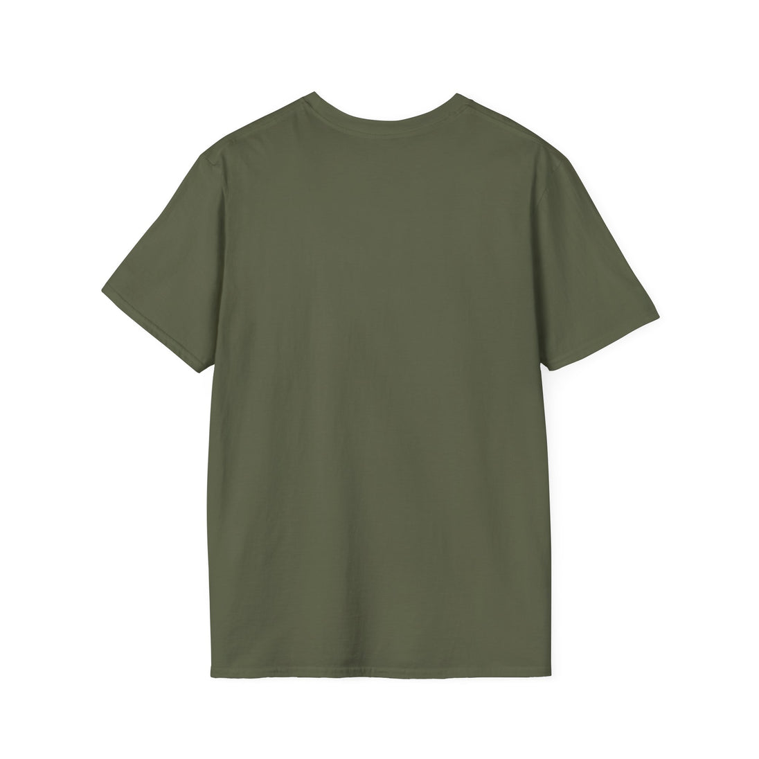 T-shirt pour homme de couleur vert olive, présenté de dos sur un fond blanc.