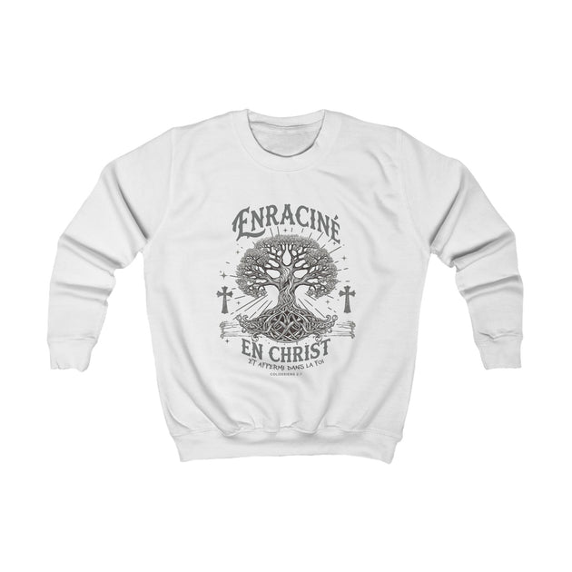 Sweat-shirt blanc pour enfant avec un motif d'arbre et le texte Enraciné en Christ.