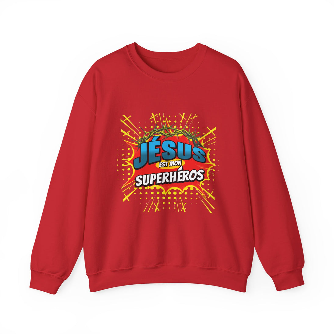 Sweat-shirt rouge à col rond avec une illustration style comics Jésus est mon superhéros.