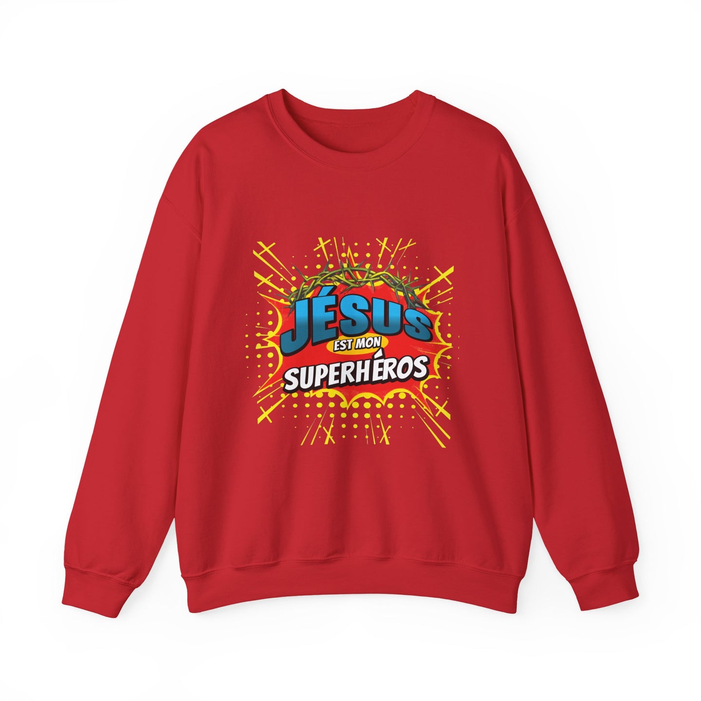 Sweat-shirt rouge à col rond avec une illustration style comics Jésus est mon superhéros.