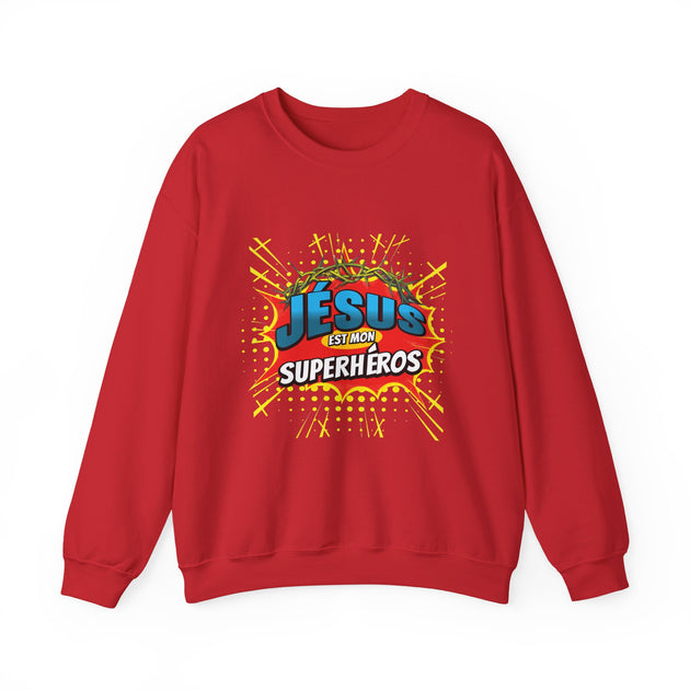 Sweat-shirt rouge à col rond avec une illustration style comics Jésus est mon superhéros.