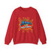 Sweat-shirt rouge à col rond avec une illustration style comics Jésus est mon superhéros.
