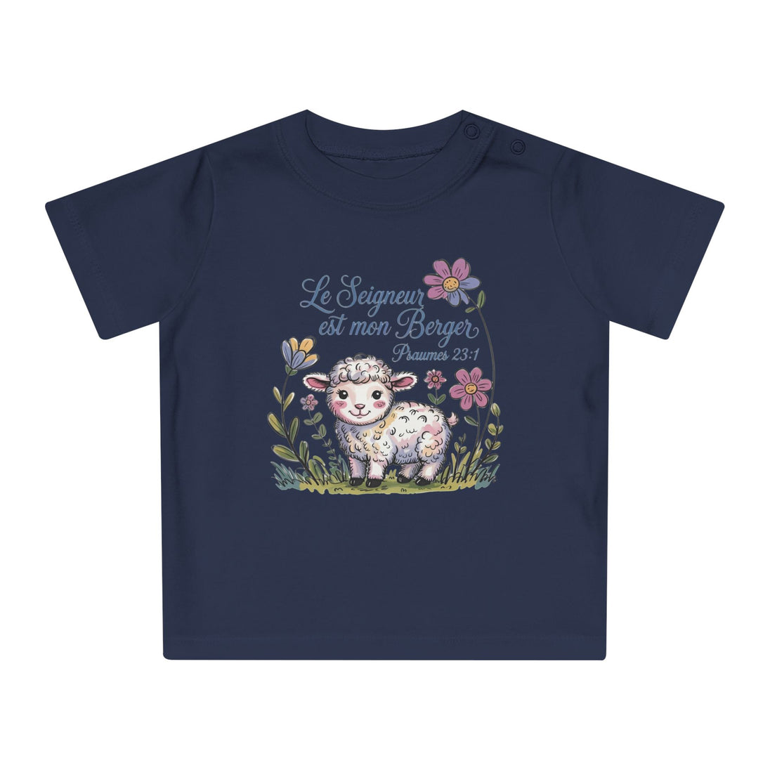 T-shirt bleu marine pour bébé avec un dessin d'agneau et l'inscription Le Seigneur est mon Berger.