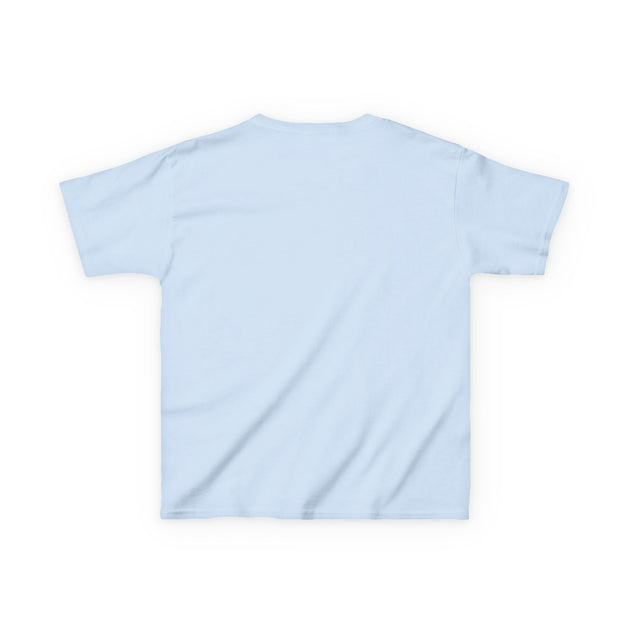 Vue arrière d'un t-shirt bleu clair en coton pour enfant, coupe classique et col rond.