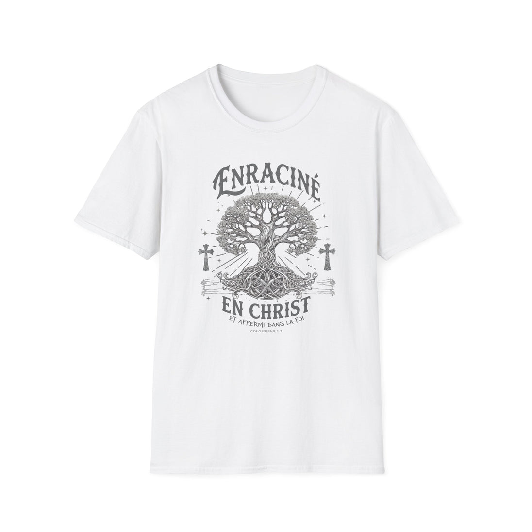 T-shirt blanc pour femme avec une illustration d'arbre et le texte Enraciné en Christ.