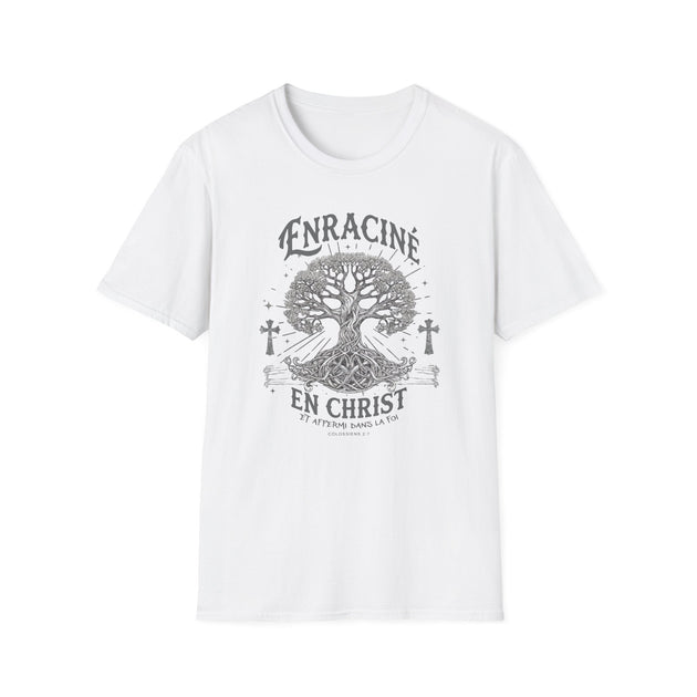 T-shirt blanc pour femme avec une illustration d'arbre et le texte Enraciné en Christ.
