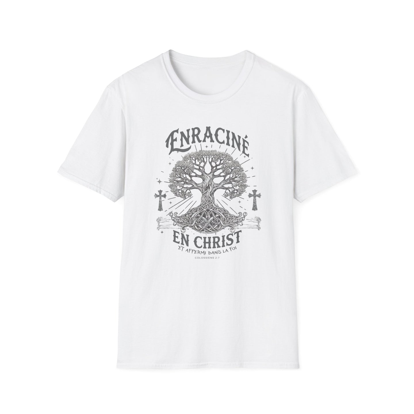 T-shirt blanc pour homme avec une illustration d'arbre et le texte Enraciné en Christ.