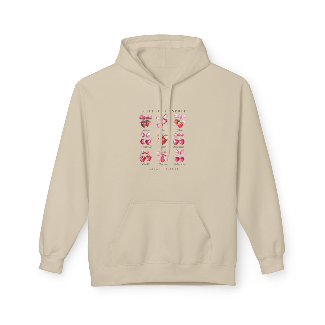 Sweat à capuche beige pour femme orné d'un motif illustré de fruits et de rubans roses.