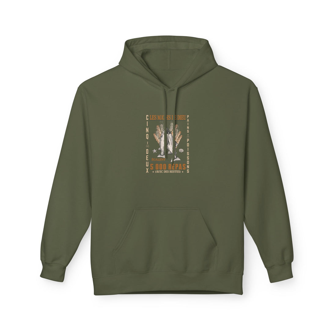 Sweat à capuche vert olive pour femme avec une illustration graphique sur le thème religieux.
