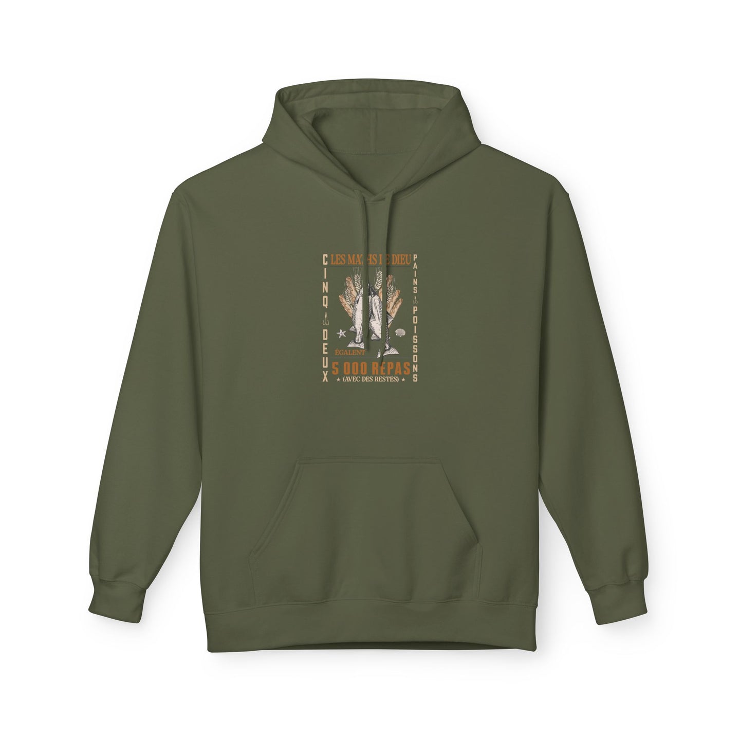 Sweat à capuche vert olive pour femme avec une illustration graphique sur le thème religieux.