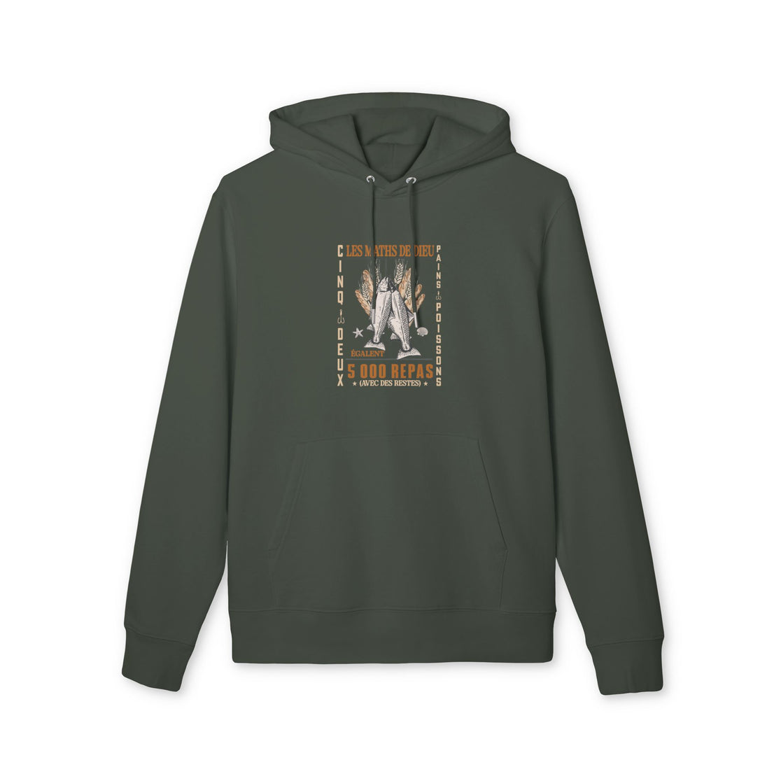 Sweat à capuche vert olive avec une illustration chrétienne sur le thème de la multiplication.