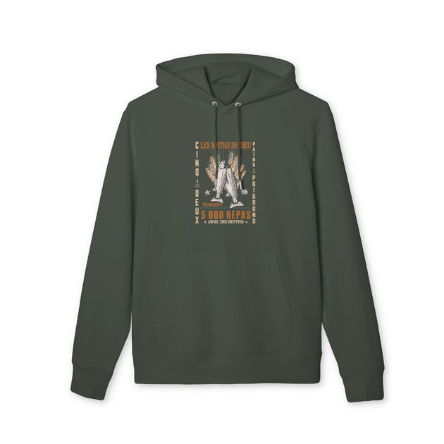 Sweat à capuche vert olive avec une illustration chrétienne sur le thème de la multiplication.