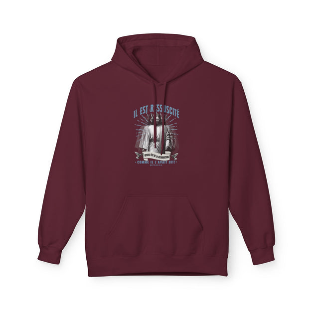 Sweat à capuche bordeaux pour femme avec une illustration religieuse et le texte Il est ressuscité.