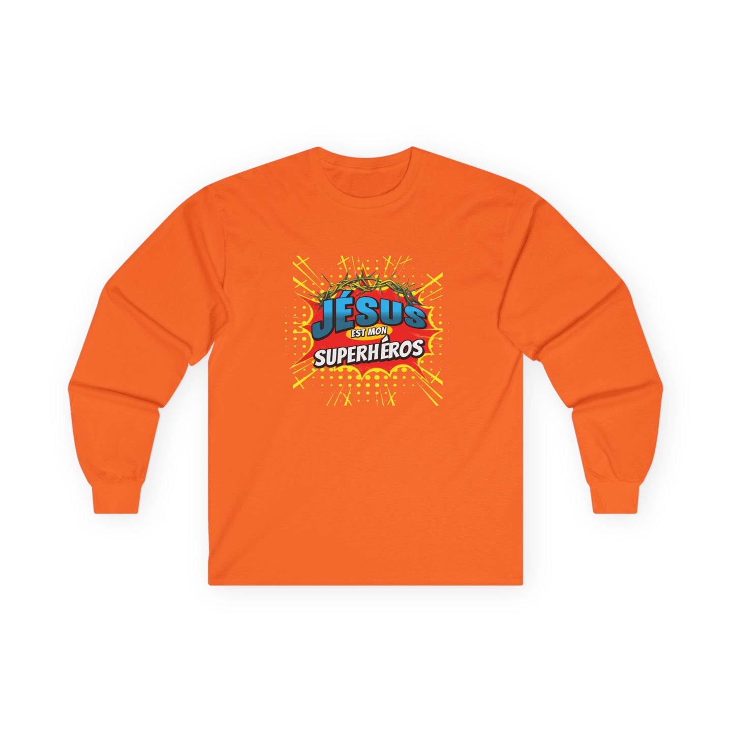 T-shirt orange à manches longues avec le motif Jésus est mon superhéros style bande dessinée.