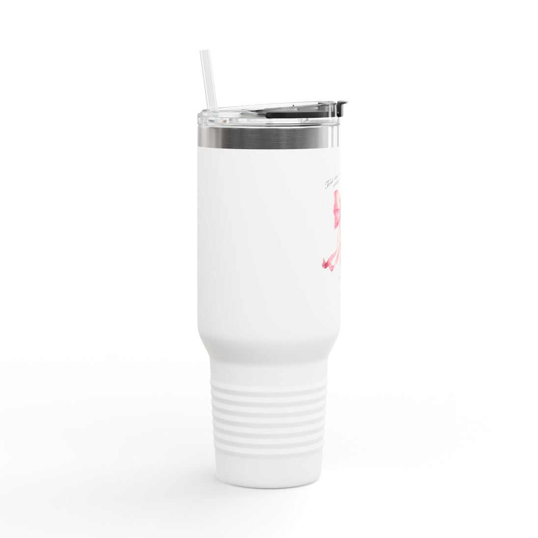 Gobelet isotherme blanc de 40oz avec paille, orné d'un motif de nœud rose à l'aquarelle.