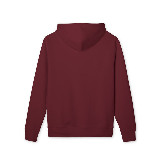 Vue arrière d'un sweat à capuche bordeaux en coton biologique avec une coupe classique.