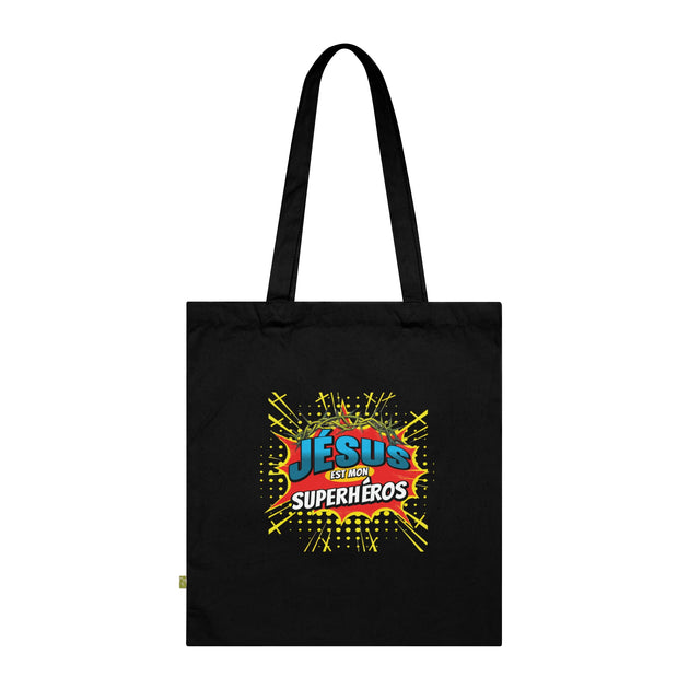 Tote bag noir en coton biologique avec une illustration style comics Jésus est mon superhéros.