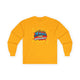 T-shirt jaune à manches longues avec un motif style bande dessinée Jésus est mon superhéros.