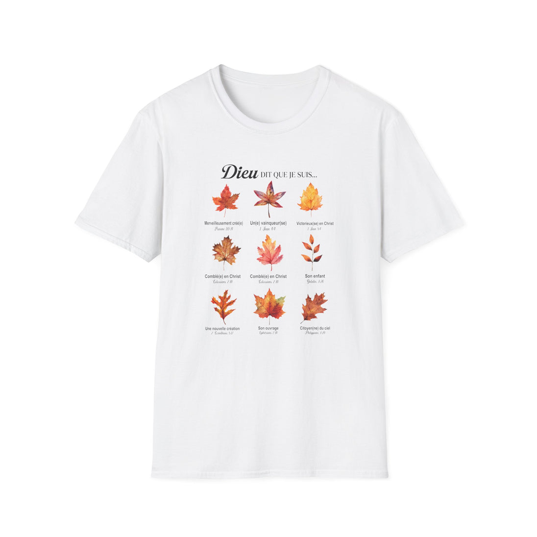T-shirt blanc pour femme orné d'un motif de feuilles d'automne et de textes bibliques.