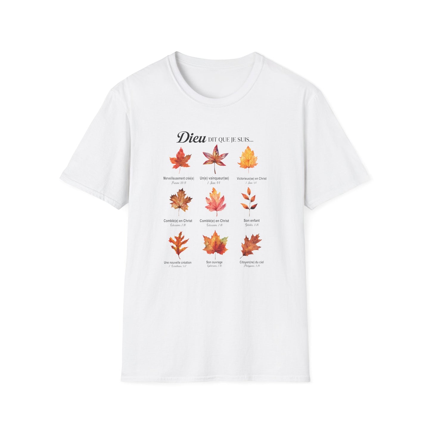 T-shirt blanc pour femme orné d'un motif de feuilles d'automne et de textes bibliques.