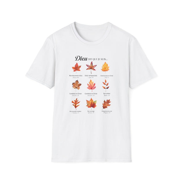 T-shirt blanc pour homme orné d'un motif de feuilles d'automne et de textes bibliques.