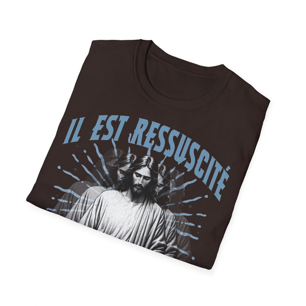 T-shirt noir pour homme avec une illustration de Jésus et l'inscription Il est ressuscité.
