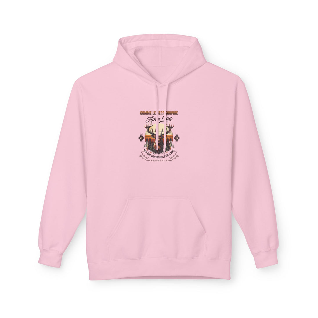 Sweat à capuche rose pour femme avec un motif de cerf et un texte religieux imprimé sur le devant.