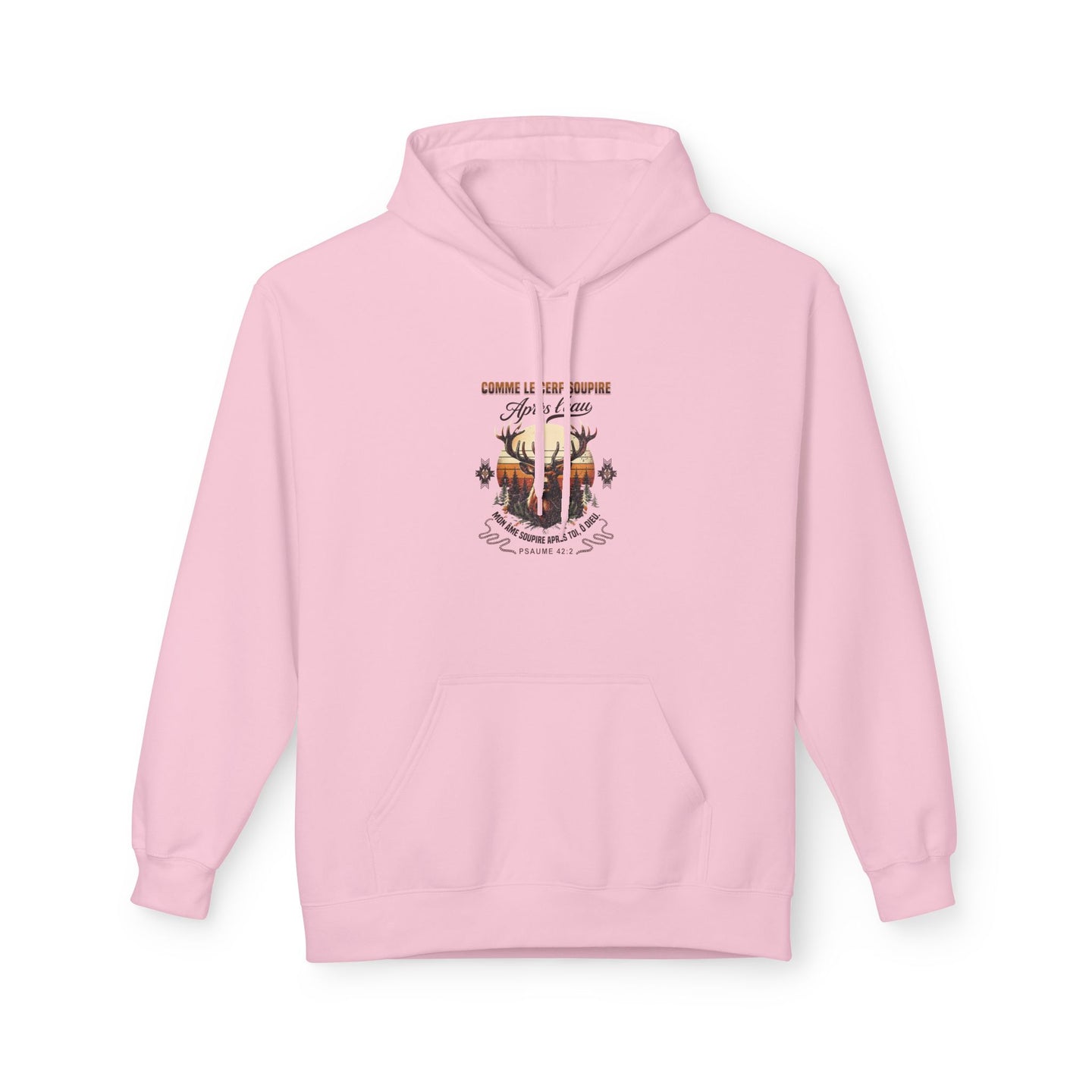Sweat à capuche rose pour femme avec un motif de cerf et un texte religieux imprimé sur le devant.