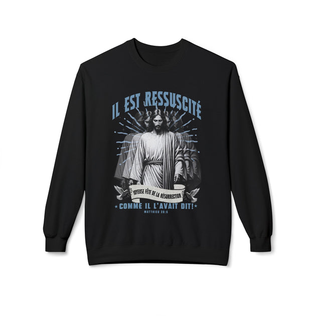 Sweat-shirt noir pour femme avec une illustration religieuse et le texte Il est ressuscité.