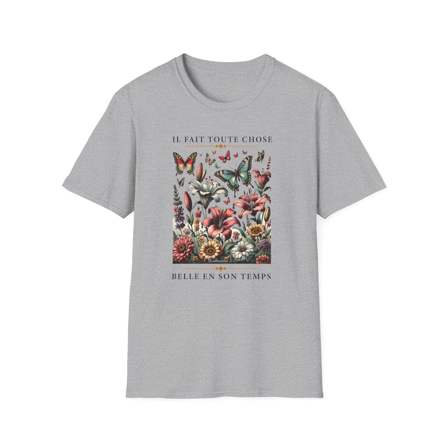 T-shirt gris à col rond avec une illustration florale vintage et des papillons.