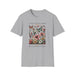 T-shirt gris à col rond avec une illustration florale vintage et des papillons.