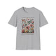 T-shirt gris à col rond avec une illustration florale vintage et des papillons.