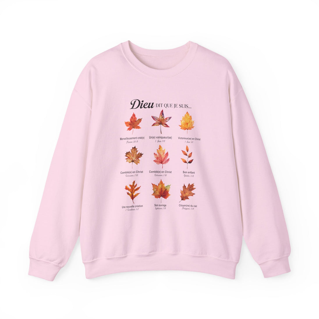 Sweat-shirt rose pâle orné de neuf feuilles d'automne et de textes bibliques en français.
